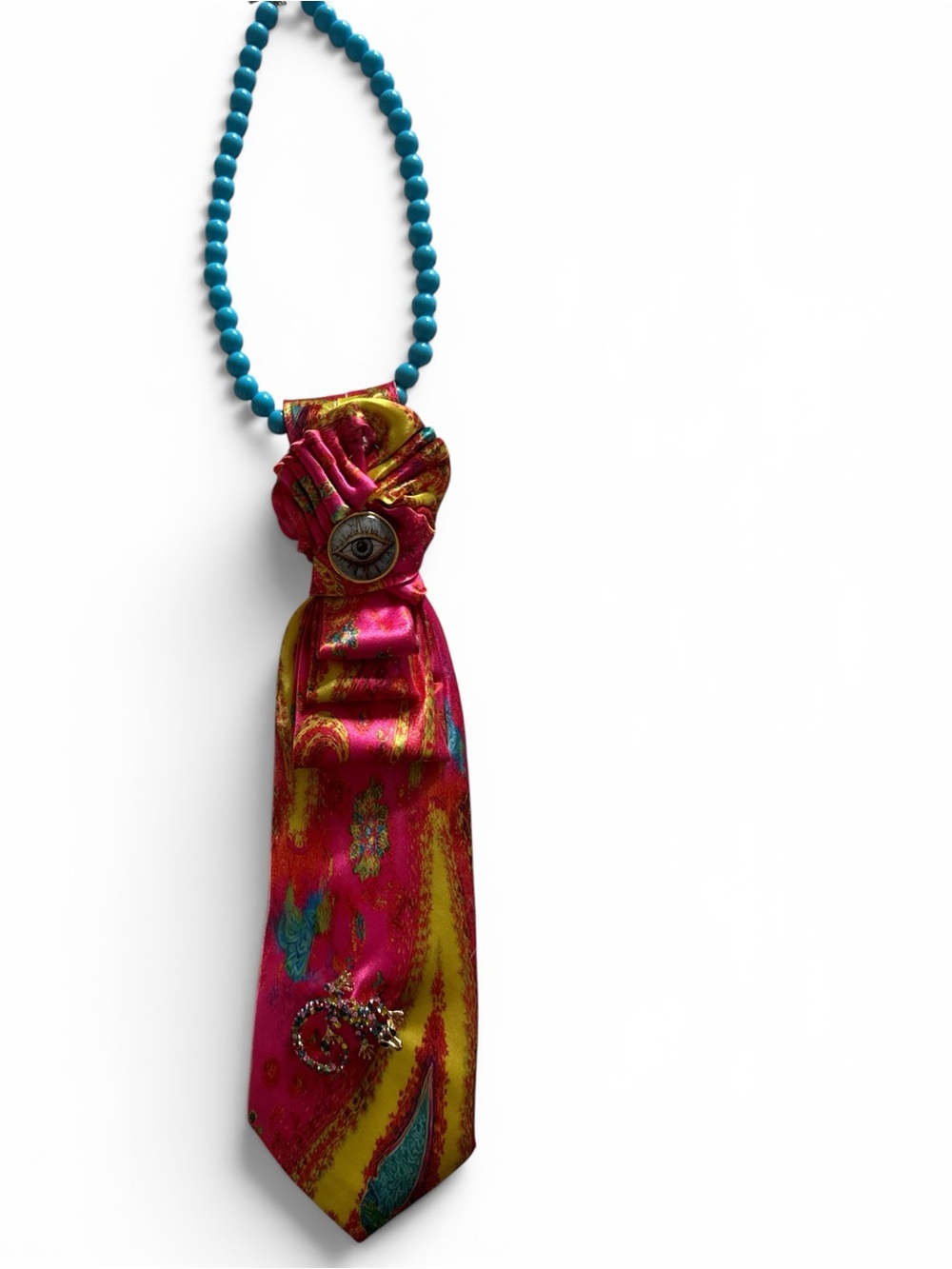 Vibrant Pink & Yellow Patterned Satin Tie Necklace with Turquoise Beads